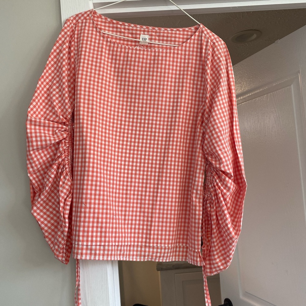 GAP Red Checkered Blouse with Ruched Sleeves